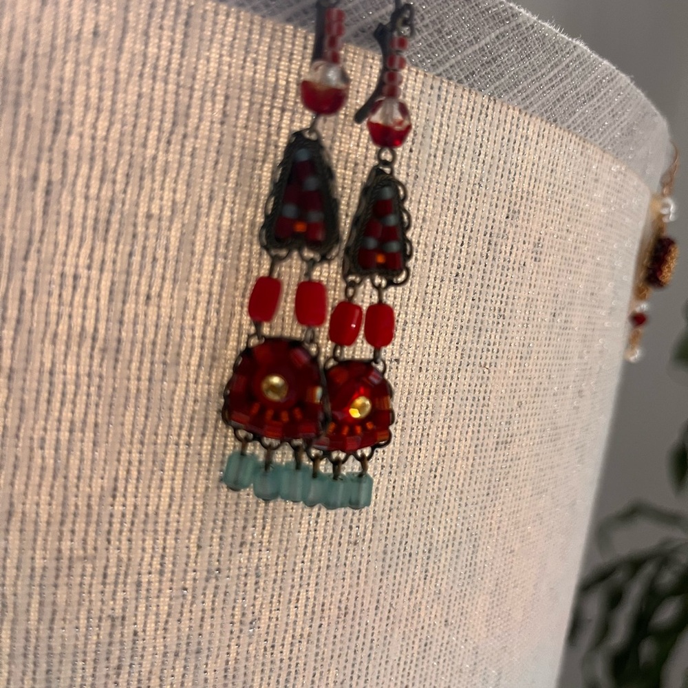 Elegant Red and Blue Beaded Earrings - Picture 6 of 7